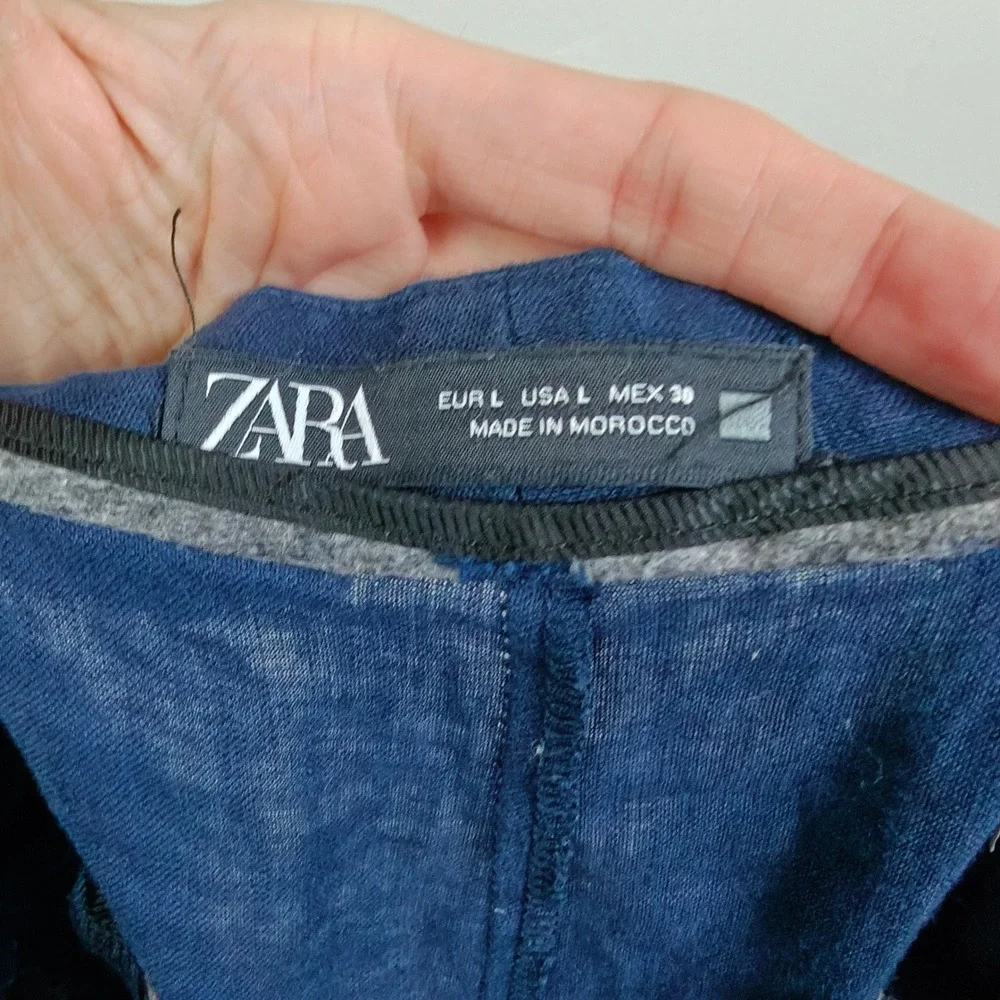 Zara Womens Pants Large Navy Blue 100% Linen Straight Leg High Rise Seam Detail